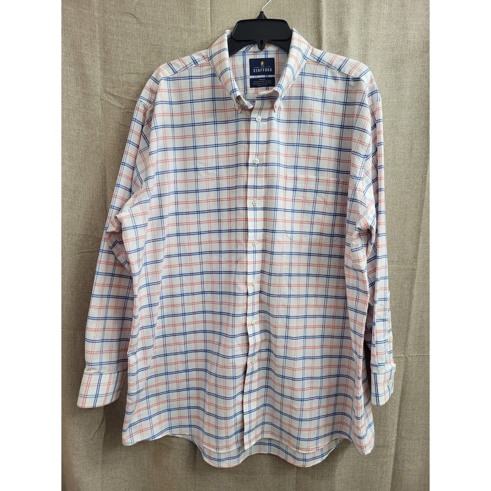 Stafford Travel Mens 18 34-35 Regular Fit Plaid Wrinkle-Free Oxford Dress Shirt
